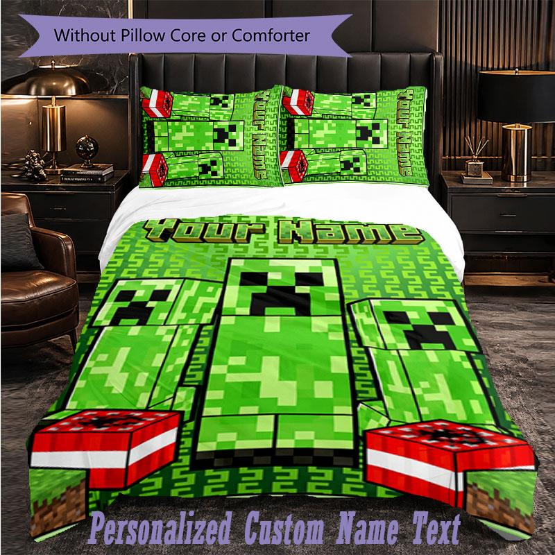 Персонализированный комплект постельного белья из 3 предметов Minecraft с индивидуальным текстом, пододеяльник, наволочка, подарок для спальни