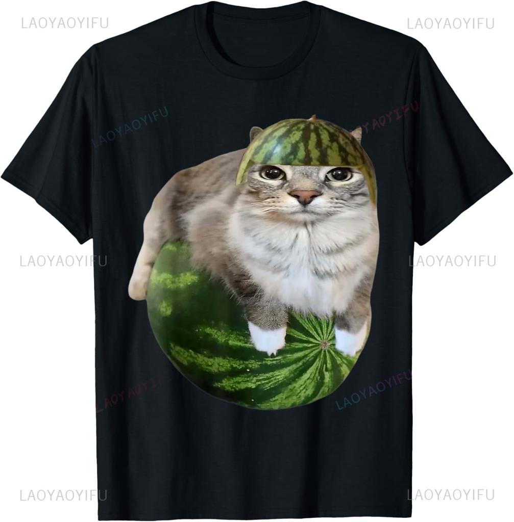Cute Funny Cat on Watermelon Meme T Shirt Men Women ONeck Fashion Short Sleeve Tshirts Retro Harajuku Oversized Tshirt