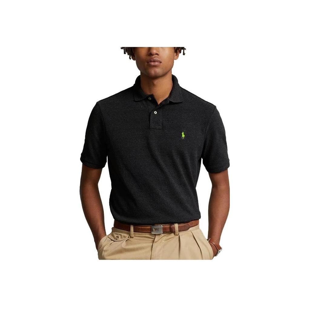 Polo Ralph Lauren SS23 Однотонная рубашка поло с коротким рукавом и вышитым логотипом, мужские топы, темно-черный 710794276-057