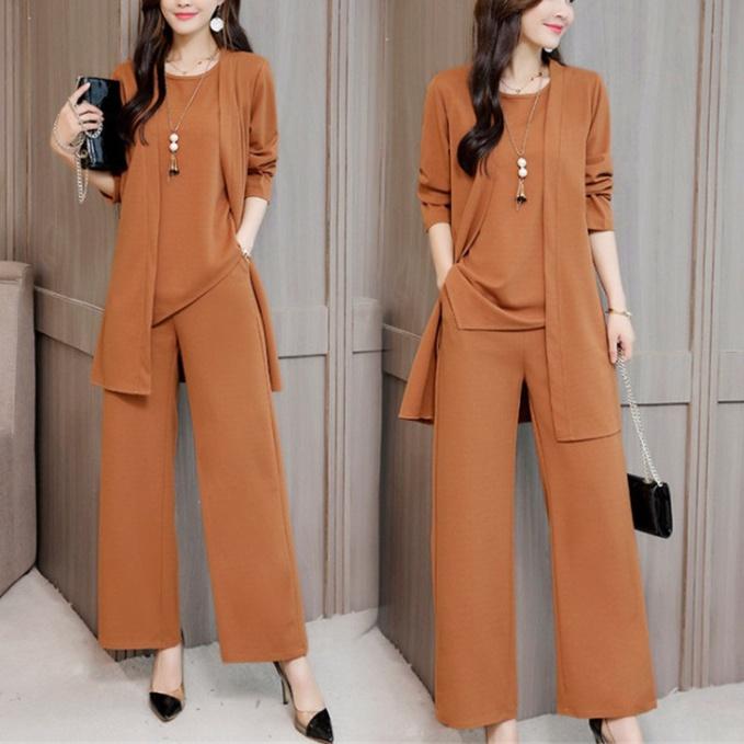 Women's Spring and Autumn Models Loose Plus Size Round Neck Short Sleeved + Long Sleeved Jacket + Loose Wide Leg Trousers Casual Wear Three Piece Set