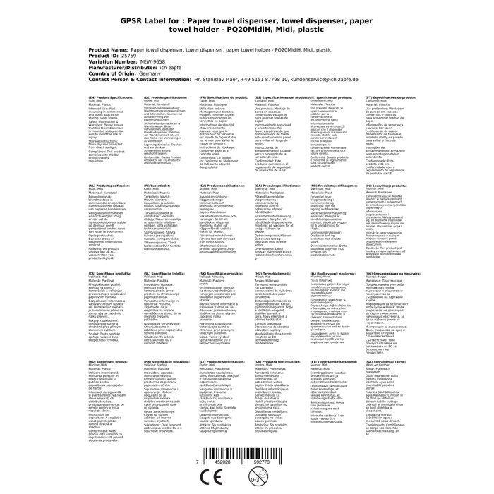 Distributeur essuie main, distributeur papier main, porte essuie main - PQ20MidiH, Midi, plastique