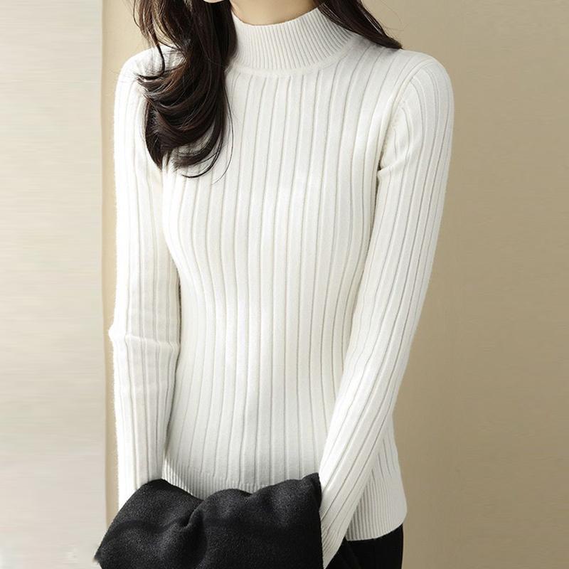 Модный повседневный свитер с длинным рукавом, вязаный свитер для женщин, зимний толстый облегающий свитер с высоким воротником, женский теплый однотонный трикотажный топ 24834