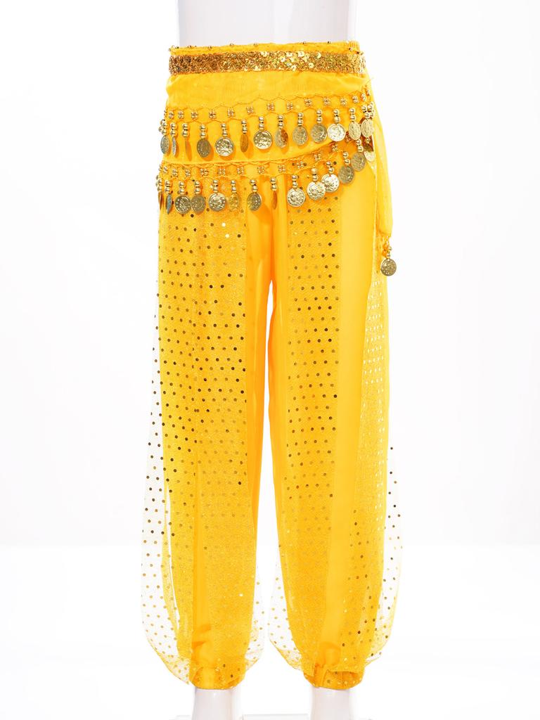 Kids Girls Belly Dance Performance Pants Sequined Dots Chiffon Trousers Bloomers with Tassels Waist Chain Hip Scarf
