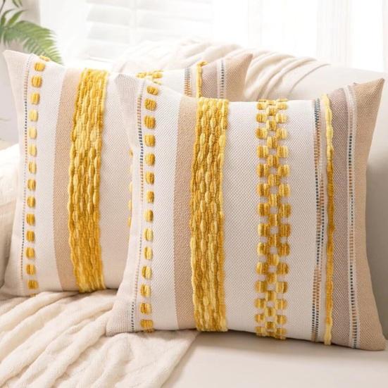 Boho Chenille Tufted Throw Pillow Cover Farmhouse Striped Decorative Cushion Case Square Pillowcase for Living Room Sofa Bed Couch Decor