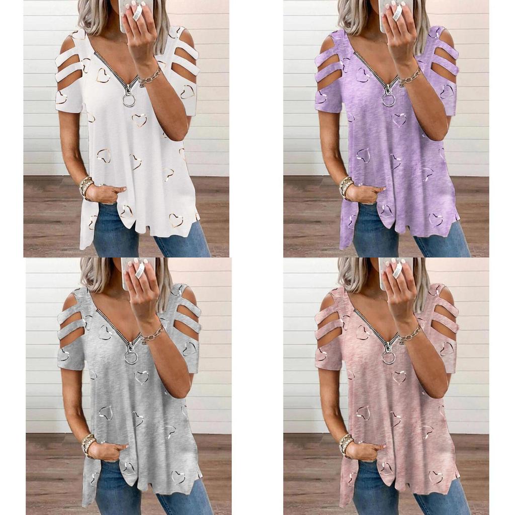 Short Sleeve T Shirt With Zipper Print Cotton Blend For Casual Streetwear
