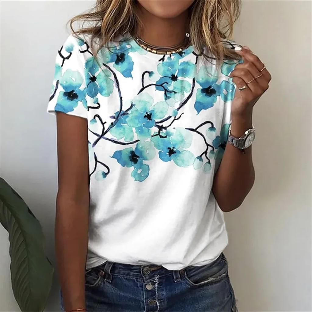 Новая женская футболка с красивым цветком, летний топ с круглым вырезом и короткими рукавами, розовый модный повседневный женский уличный топ