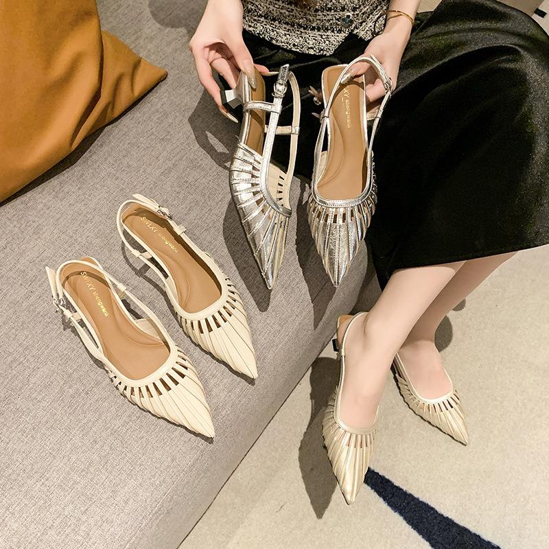 Summer New Fashion Pointed Head Hollow Bag Head Half Slippers Women's Stiletto High Heels Sandals