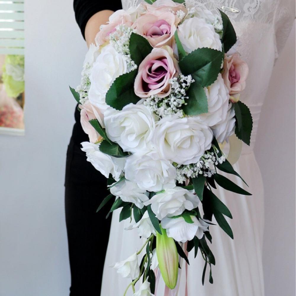 Fake Flower Bunch Wedding Bridal Bouquet Artificial Rose Flowers with Ribbons Tossing Cascading Bouquet Boho Rustic Ceremony Anniversary Decoration