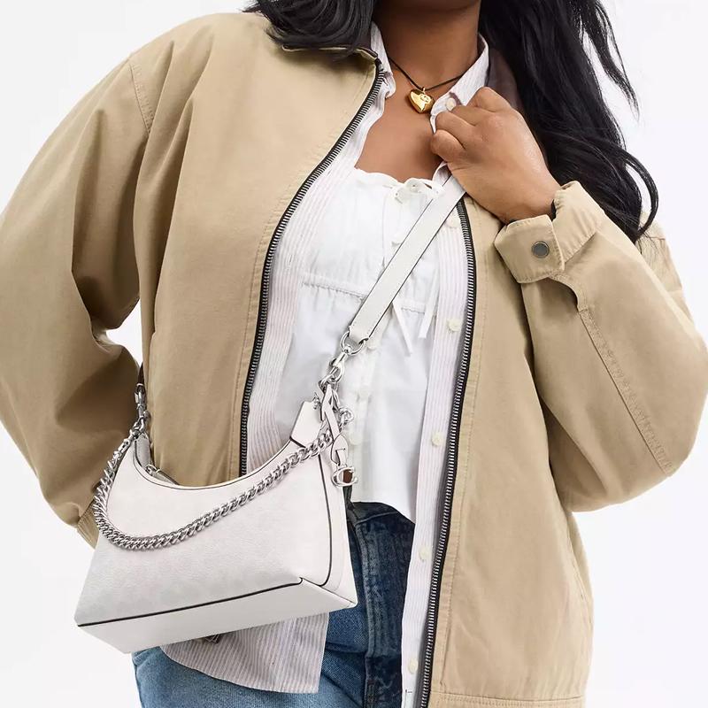 Coach Juliet 25 Removable Chain Shoulder Strap Classic Logo Coated Canvas Shoulder Bag Medium Women shoulder bag Silver Chalk-White CAM26-LHXUN