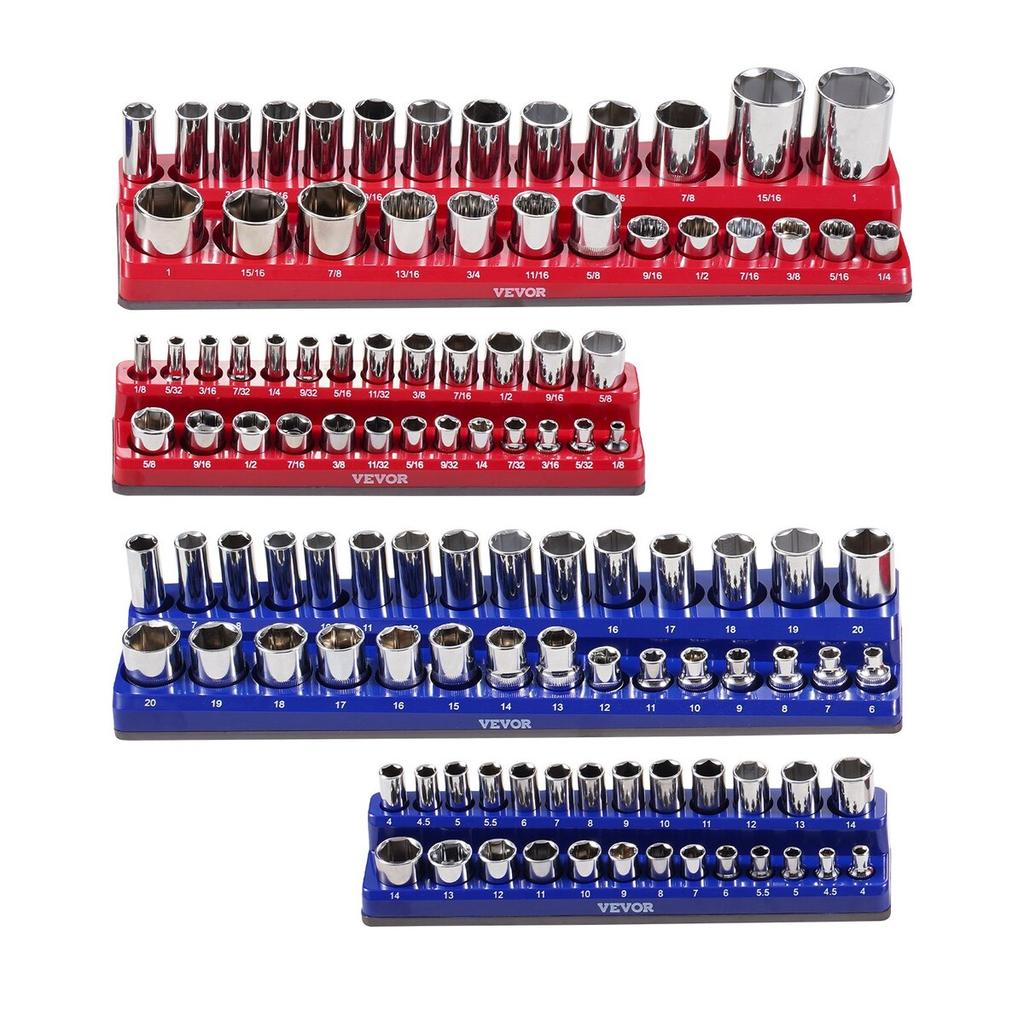 Magnetic Socket Organizer Set 4PCS Socket Trays Blue & Red for Metric SAE