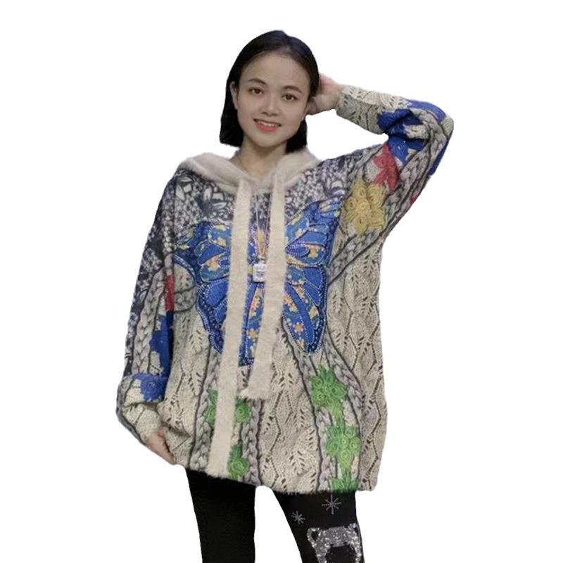 Plus Size Women's Retro High-End Printed Hooded Sweater - New Autumn Fashion Loose Slimming Top