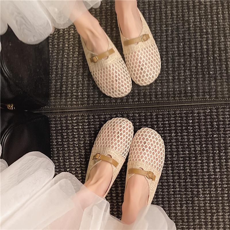 Модные туфли Мэри Джейн с круглым носком, дышащие, нескользящие, с ремешком на пуговице, сетчатые, женские, дешевые, модные, плоские сандалии, новинка лета