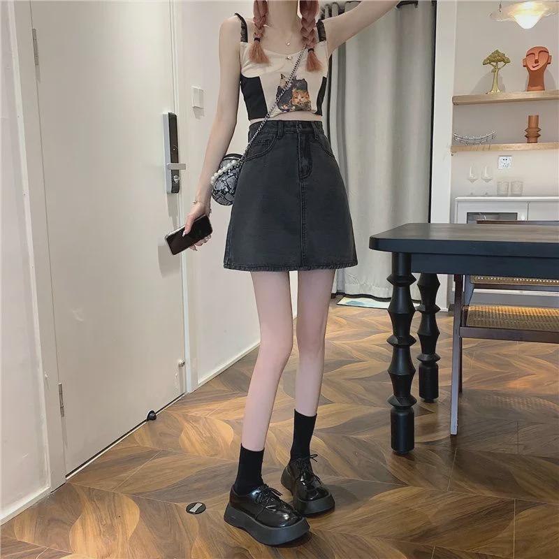 Женская джинсовая юбка-трапеция с высокой талией, лето 2022 г. - модный стиль в черном и сером цвете