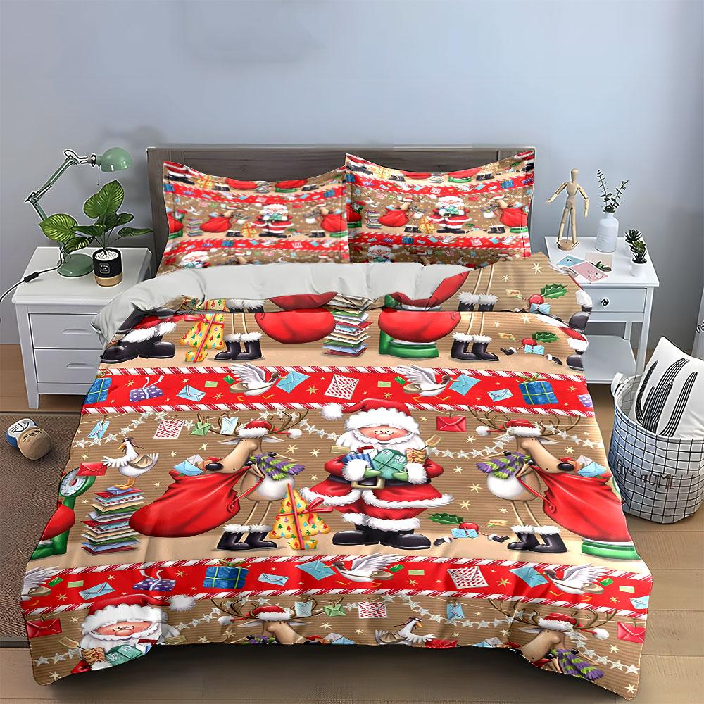Santa and Reindeer Holiday Print Bedding Duvet Cover Set Duvet Cover Pillowcases (1*Duvet Cover 2*Pillowcases, without duvet insert)