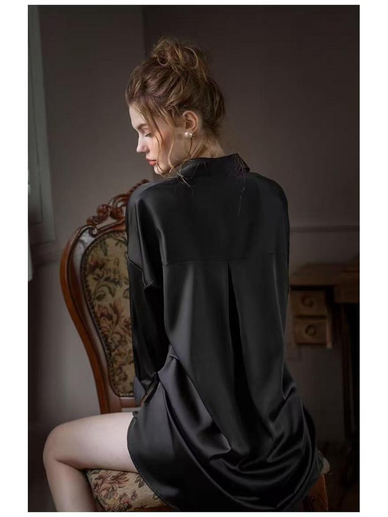 2025 Женская свободная ночная рубашка в стиле бойфренда, шелковисто-белая