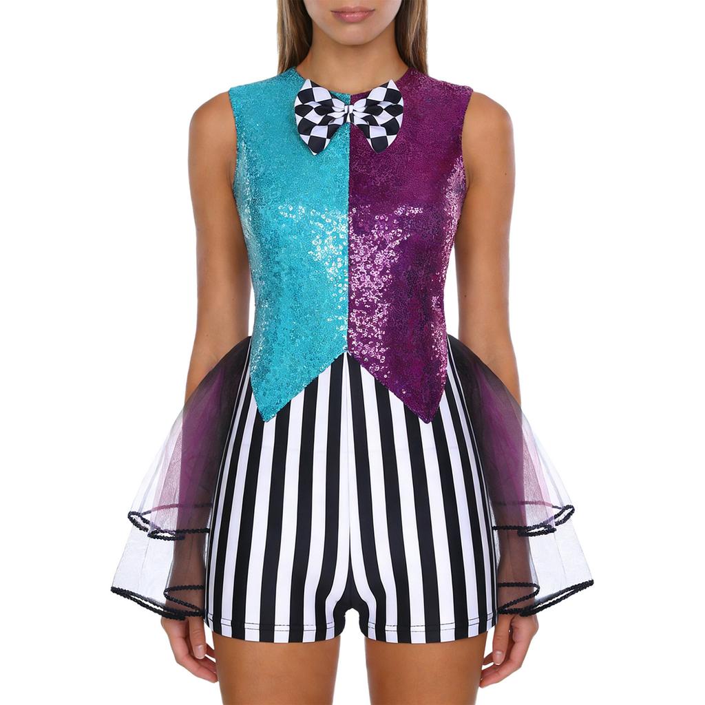 Женский комбинезон Mad Cosplay S-3XL Color Blocking С пайетками Полосатый Пэчворк Клетка Галстук-бабочка Многоярусный Тюлевая отделка Вырез Комбинезон для Хэллоуина