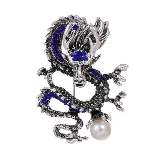 Chinese Style Brooch Men Enamel Dragon Shape Faux Pearl Pin Clothing Coat Badge Jewelry Party Accessories