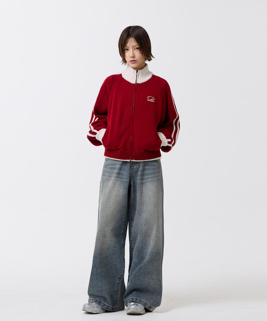 ODDSTUDIO Sporty Track Semi-Crop Knit Zip-Up - Red