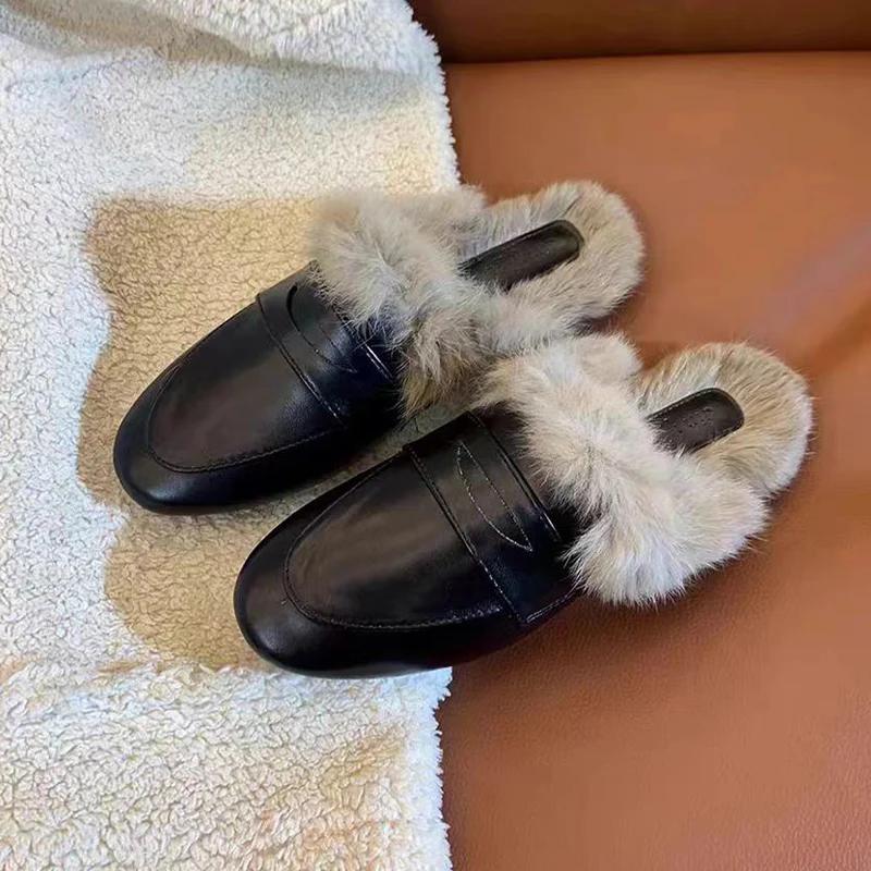 Меховые женские тапочки на плоской подошве, модные повседневные туфли из хлопка с открытой пяткой, женские зимние сапоги 2024 года, удобные, роскошные, женские, Zapatillas