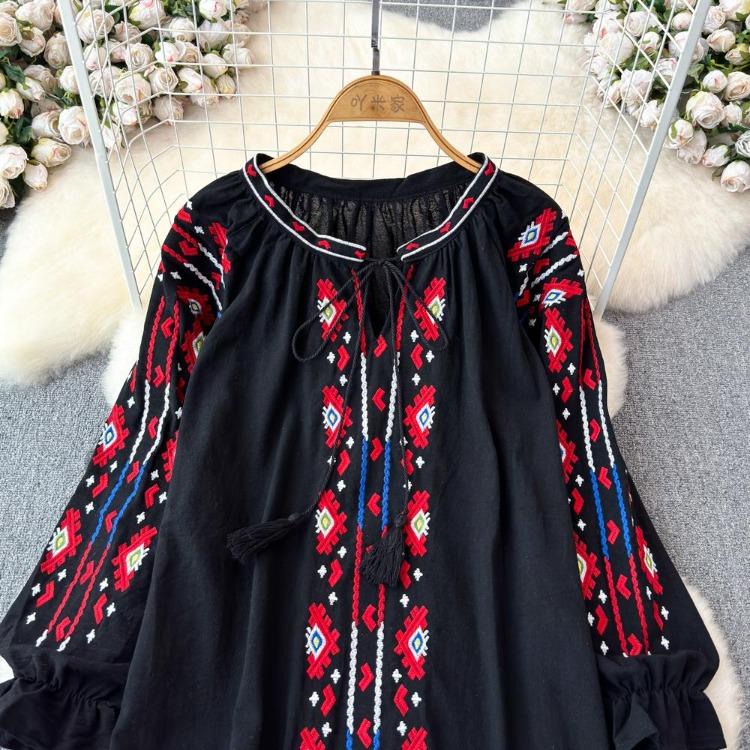 Summer Vintage Women Blouse Embroidered Puff Sleeve Color Block Ethnic Style Camisa Feminina Casual Tops