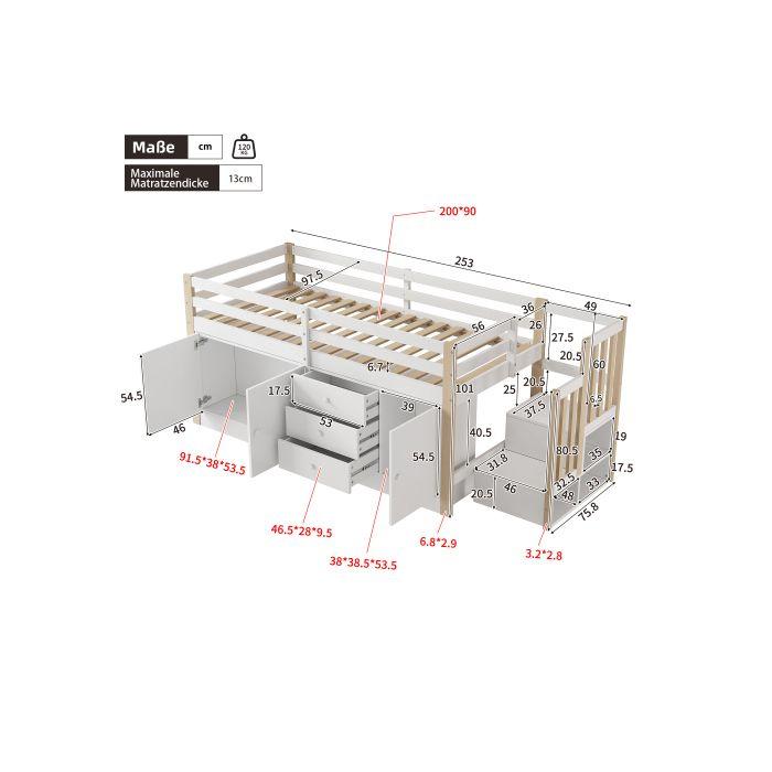 Lit enfant surélevé avec escalier, avec tiroirs, avec 2 armoires de rangement et cintres, sans matelas, blanc 90*200