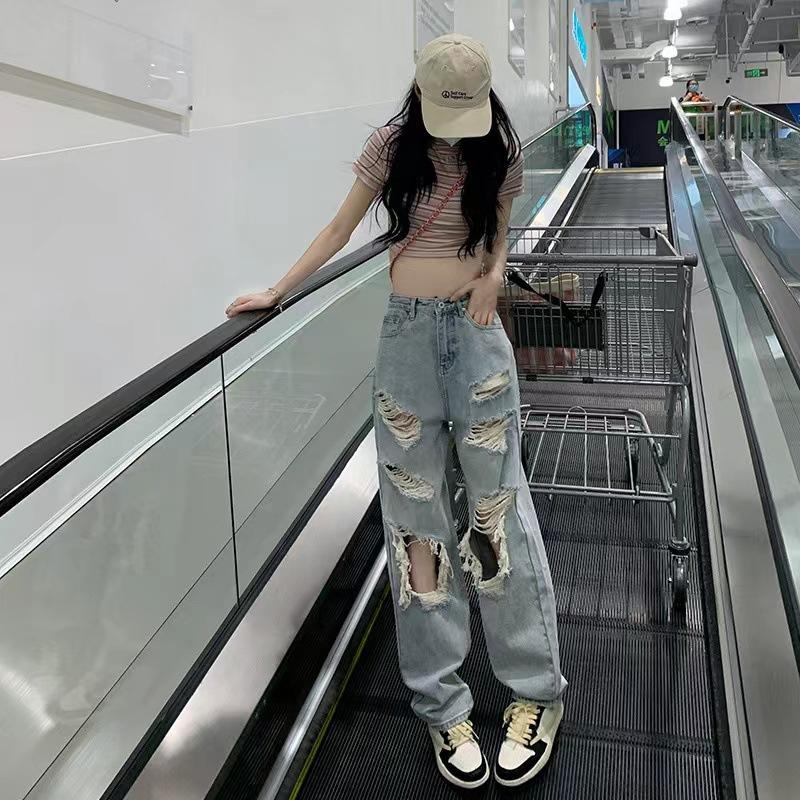 Синие прямые джинсы свободного кроя, потертые рваные брюки из неэластичного денима с эффектом омбре, женские джинсовые джинсы и одежда