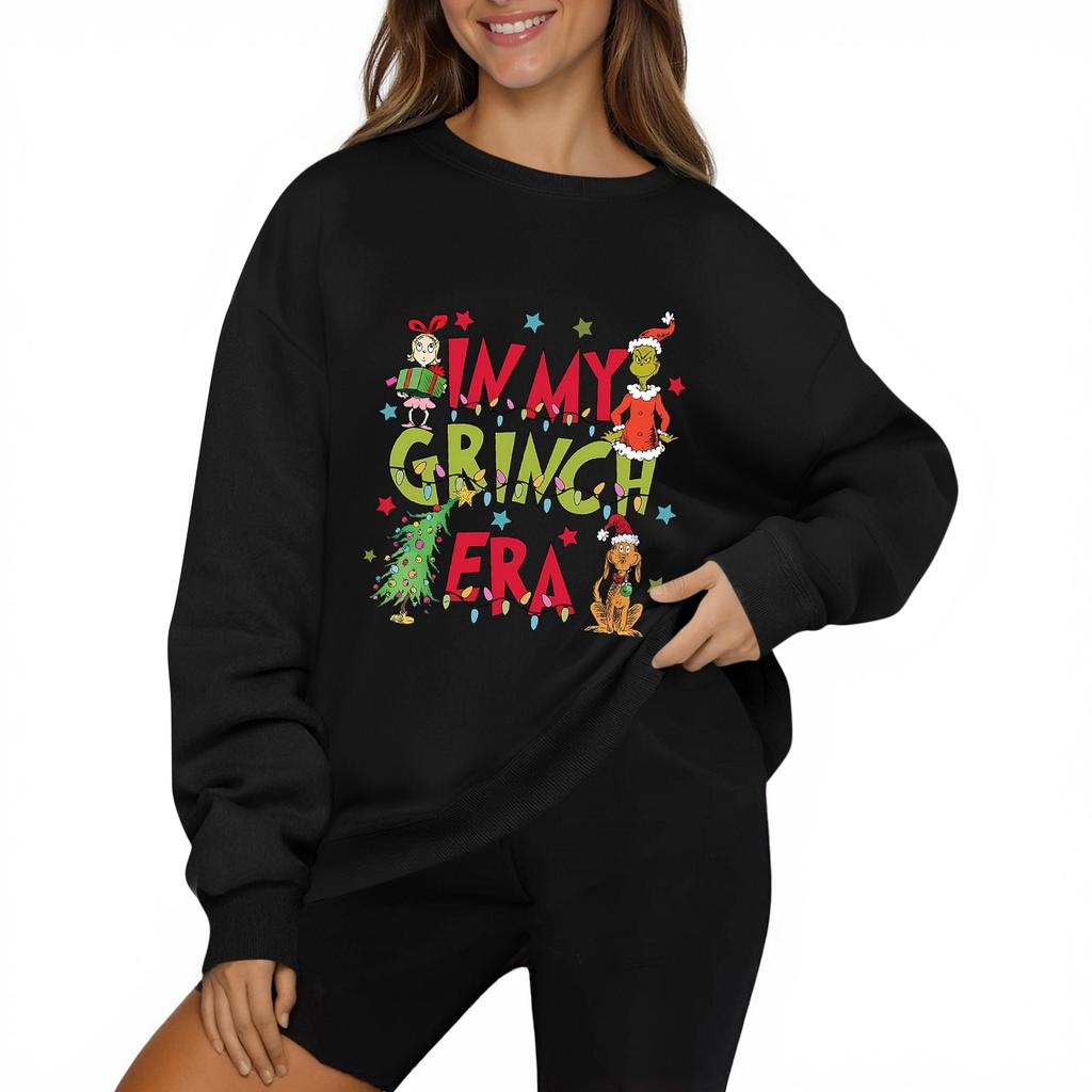 Women's Fashion Casual Long Sleeve Solid Color Christmas Printed Round Neck Top Sweatshirt
