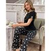 Spring Summer Pajamas Set for Women Black Floral Print Short Sleeve Tops and Long Pants Sleepwear Casual Loose Soft Pyjamas Homewear