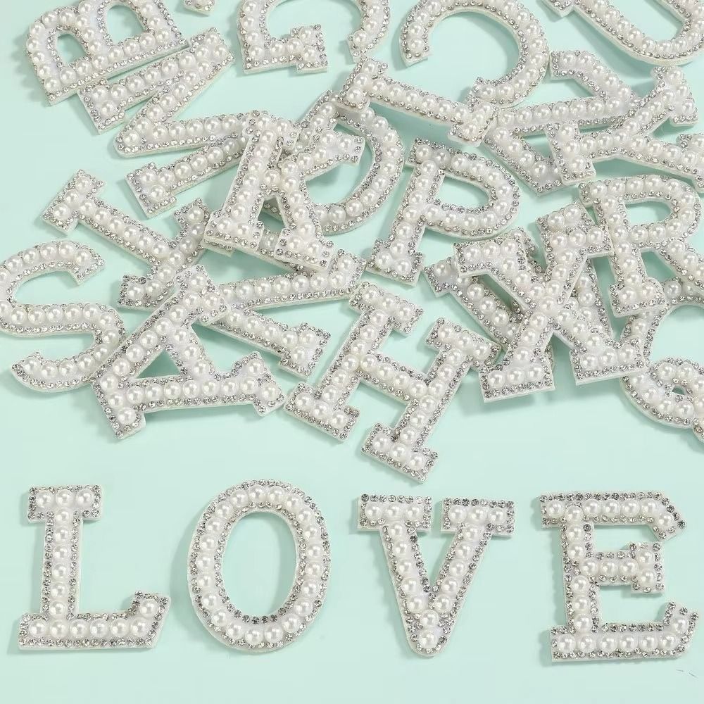 26Pcs Beaded Rhinestone Letter Patches English Alphabet Pearl Alphabet Patch Garment