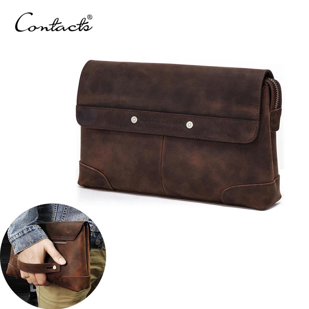 CONTACT'S Men Clutch Bags Crazy Horse Leather Long Wallet Men Large Capacity Hand Bag Male Purse With Phone Pocket