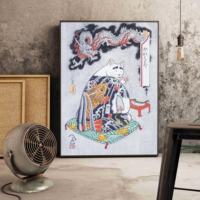Solid Wood Frame Japanese Floating Samurai Cat Canvas Painting Retro Style Posters and Prints Wall Art Pictures for Living Room Wall Decor
