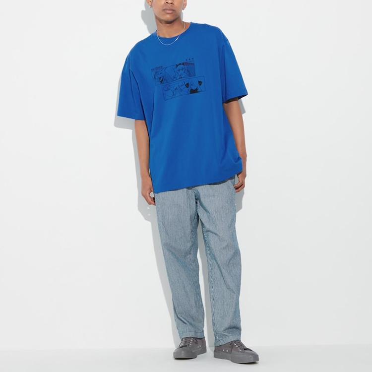 Uniqlo X Pokémon Коллаборация SS23 Принт с персонажем Свободный крой Круглый вырез Короткий рукав Футболка Унисекс Топы Синий 462033-65
