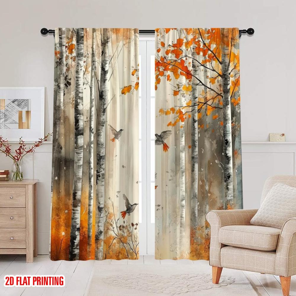 2pcs,2D Plane Printing Curtain Popular Autumn Symphony Versatile Polyester Fabric (without Rod) Holiday Use for Living Room,