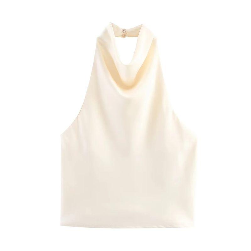 Summer New Product Women's Clothes French Short Silk Satin Texture Open Back Hanging Collar Tops 3203317 2069399