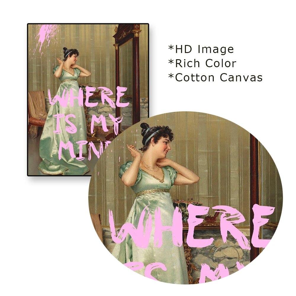 Funny Quote Poster Where Is My Mind Prints Vintage Altered Art Lady Portrait In the Boudoir Pink Quotes Canvas Painting Decor