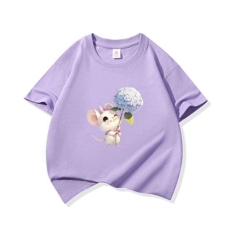 Kids Cotton T Shirt Mouse Holding Hydrangea Flower Print Crew Neck Short Sleeve Tee Casual Boys Girls Summer Tops