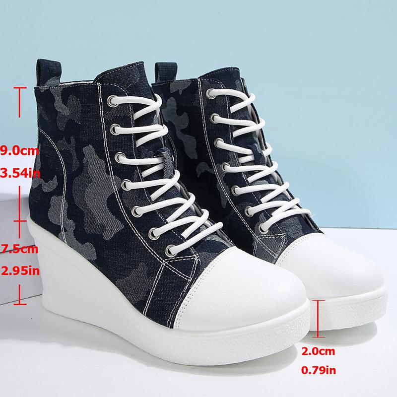 Fashion Women's High Top Wedge Sneakers Fashion Blue Camouflage Canvas Shoes Woman Lightweight Lace Up Platform Ankle Boots for Women