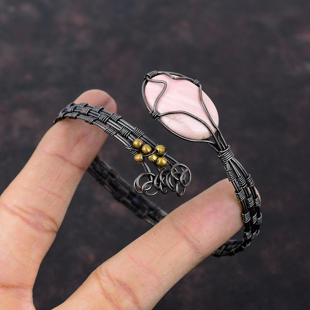 Браслет из розового опала, браслет-манжета из медной проволоки, регулируемый браслет, ювелирные изделия из медной проволоки, манжеты ручной работы, браслет из натурального драгоценного камня, подарок для мамы