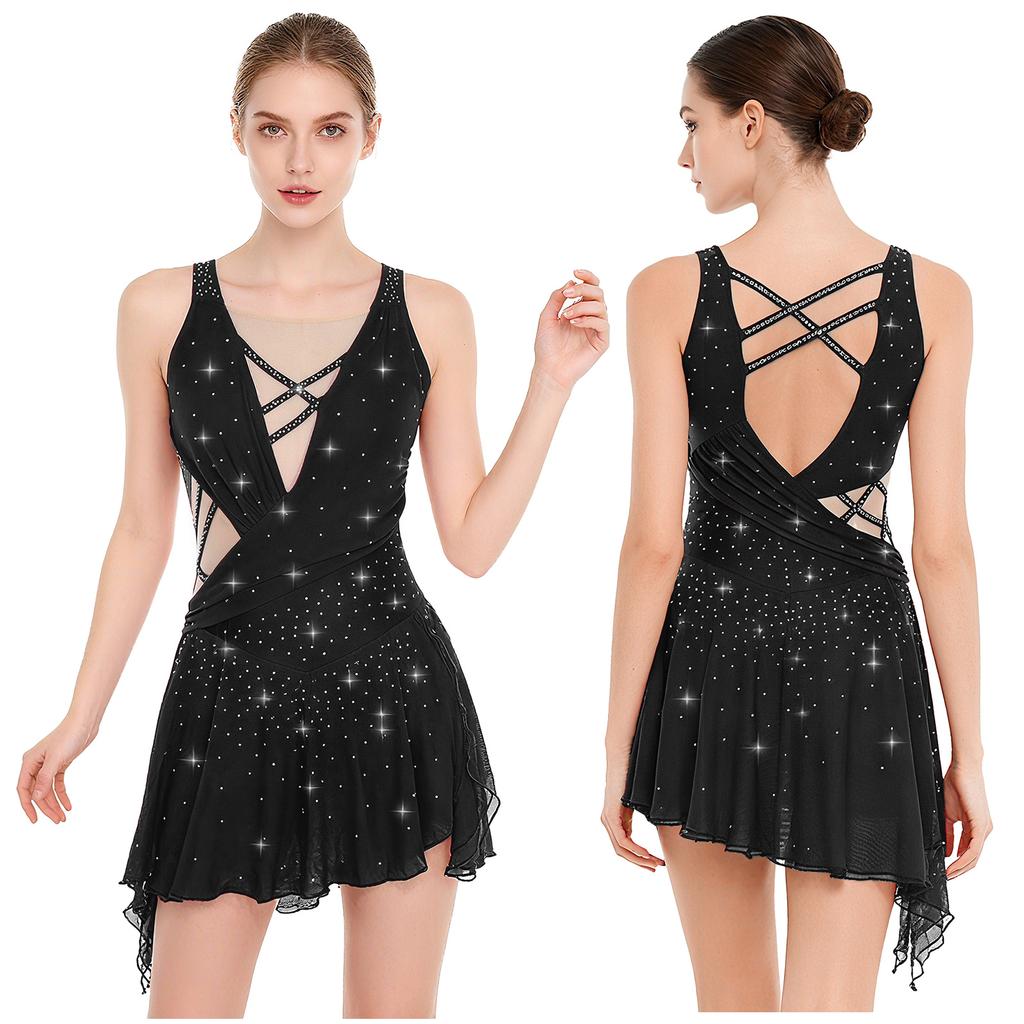 Женское танцевальное платье, украшенное стразами - Без спины с боковым разрезом, Струящийся асимметричный подол, Встроенная ластовица и кнопки для сценических мероприятий