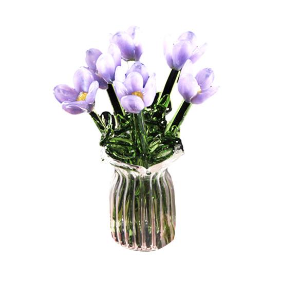 Glass Flower Bouquet with Vase Hand-Blown Mini Flower Decoration Home Living Room Handmade Simulation Floral Ornament with