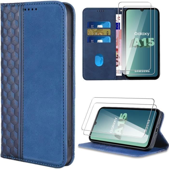 Защитный чехол - для Samsung Galaxy A15 - Искусственная кожа - Ударопрочный - 2 закаленных стекла