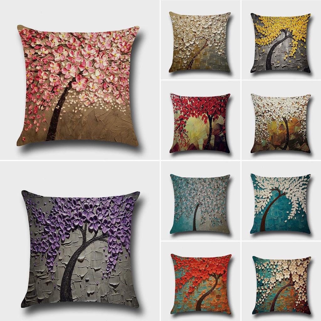 Elegant 3d Painted Tree Flowers Cotton Linen Cushion Cover For Home Decor