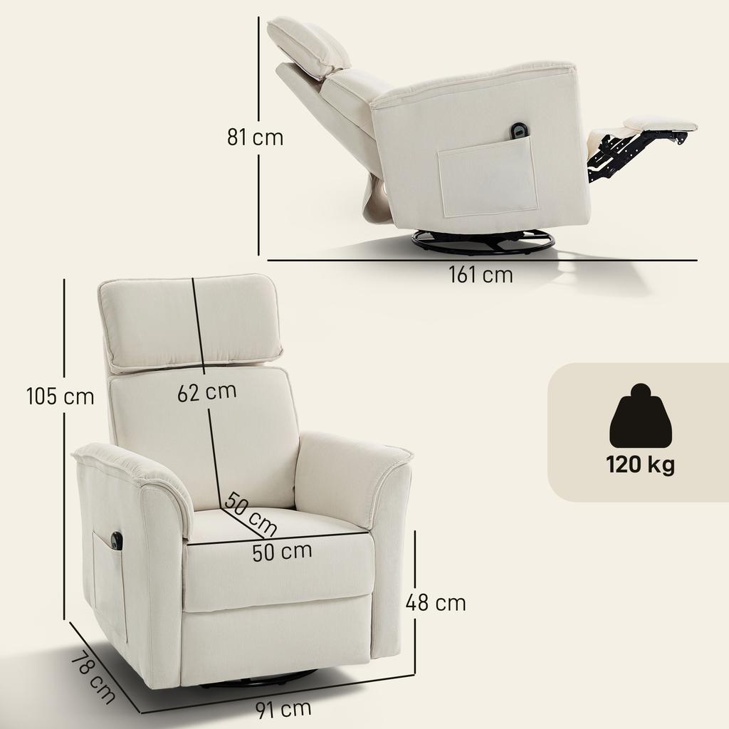 Electric Recliner with Reclining Function, Adjustable Backrest, Headrest, for Living Room, Cream White
