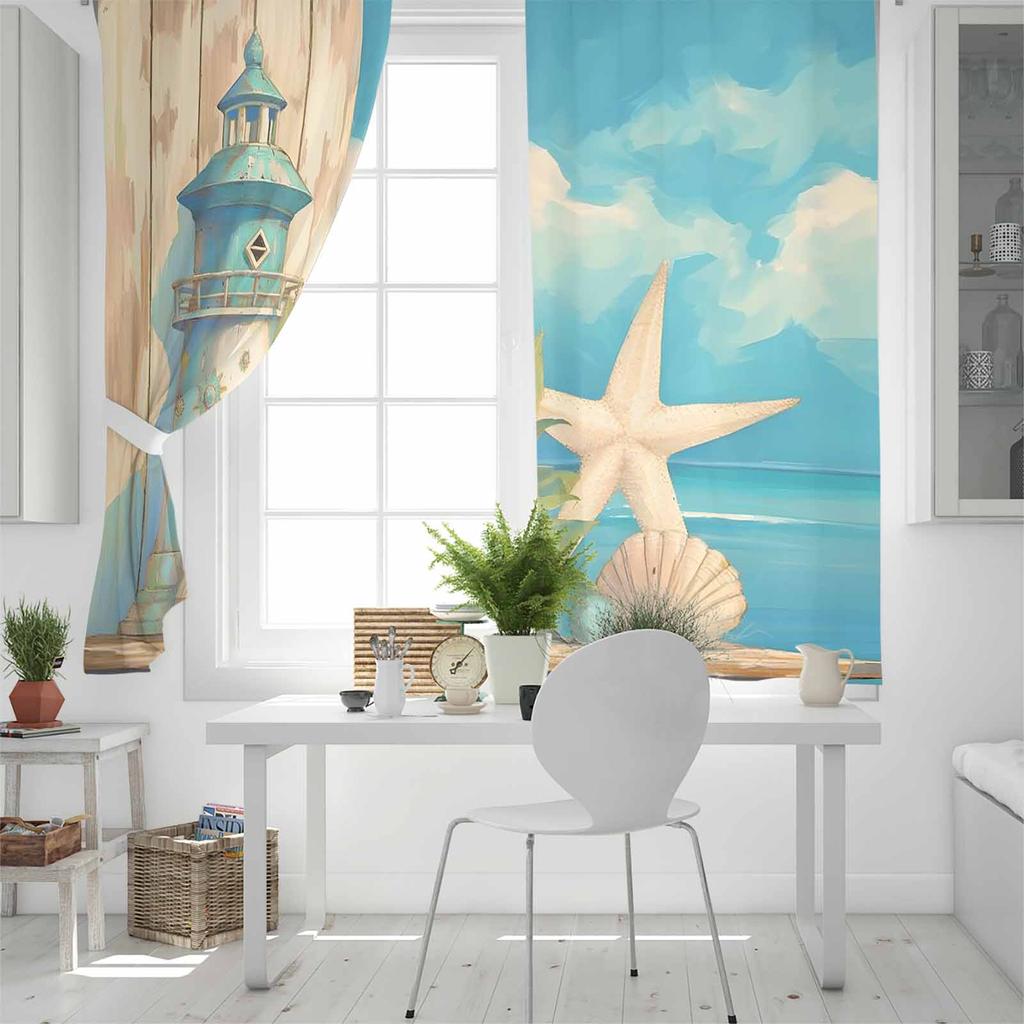 Ocean Beach Lighthouse Starfish Shell Plants Sky Blackout Curtains For Living Room Bedroom Window Treatment Blinds Drapes