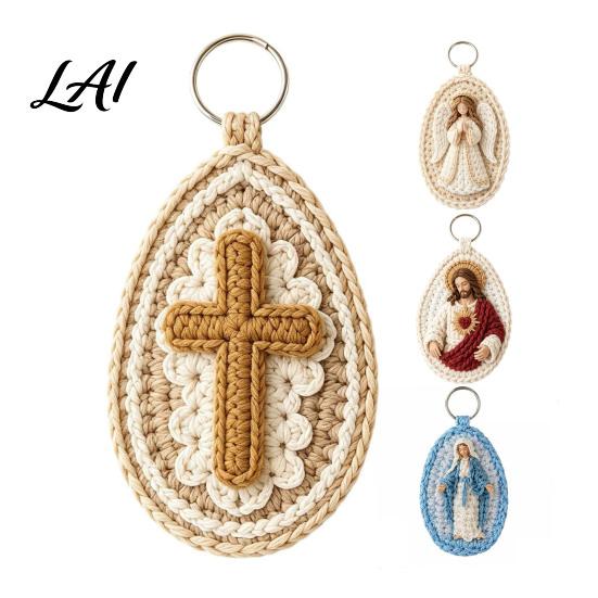 Handcrafted Religious Charm Handmade Crochet Marian Keychain Virgin Mary with Soft Yarn Keyring Blue White Yarn Catholic Christian Inspirational