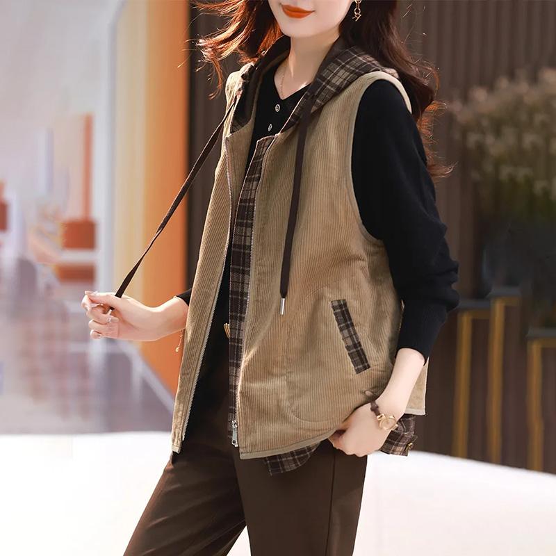 Hooded Vest Jacket Women's Spring and Autumn Zipper Solid Color Pockets Outside Sleeveless Tops