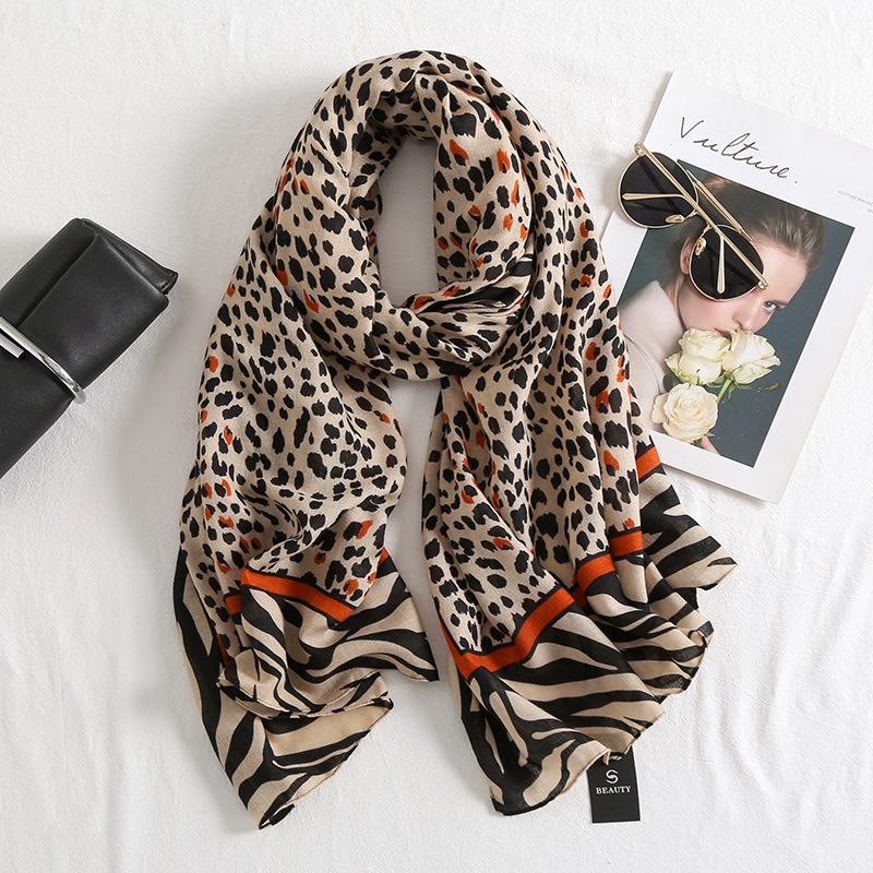 Thin Versatile Color Matching Leopard Print Cotton and Linen Silk Scarf Women's Summer Air-conditioned Room Dual-purpose Long Shawl