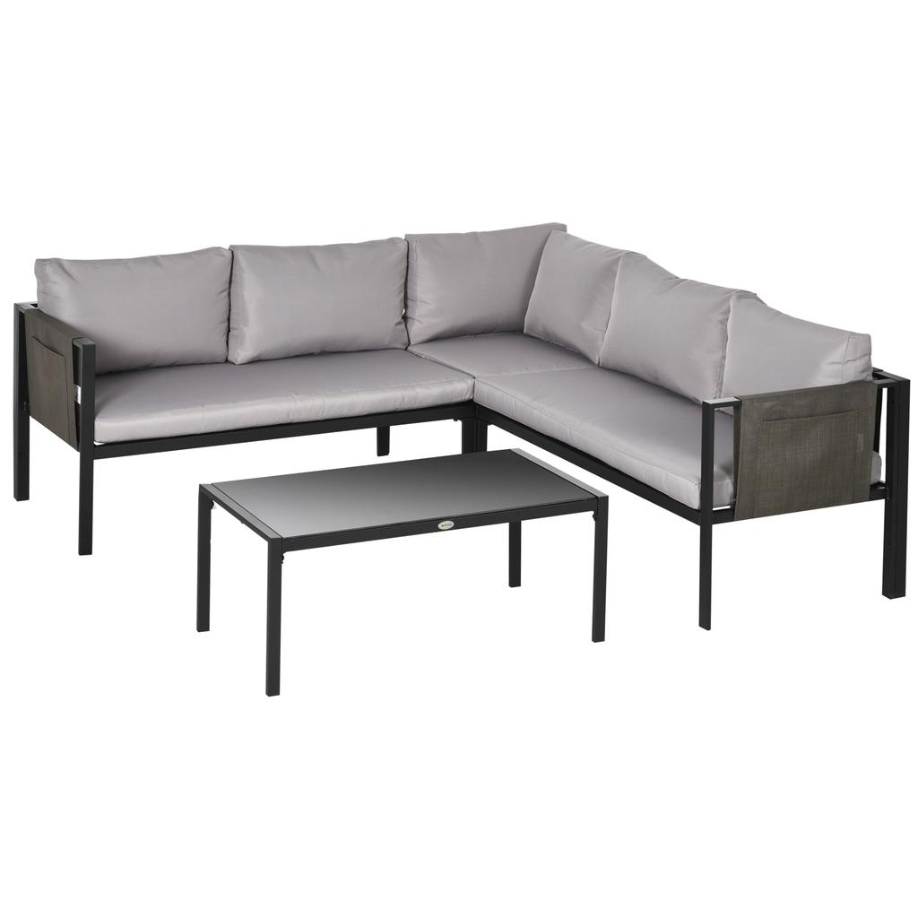 5 Seater Garden Corner Sofa Set, 4 Pieces Metal Garden Furniture Set with Loveseats, Glass Top Coffee Table, Breathable Mesh Pocket