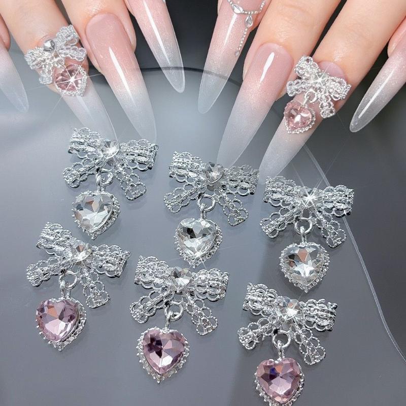 Nail Art Accessories 10Pcs Sweet Bow Love Heart Tassel Pendant Shiny Gems for Professional Nail Salon