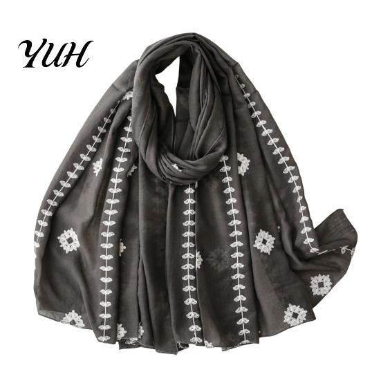 Lightweight Breathable Wrap Solid Color Embroidered Shawl for Women, Soft Gauze Scarf with Floral Oriental Style Vine Texture, 180x90cm Spring Summer